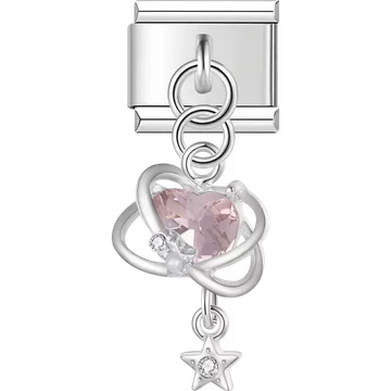 Silver frame pink heart crystal star dangle Italian charm bracelet link