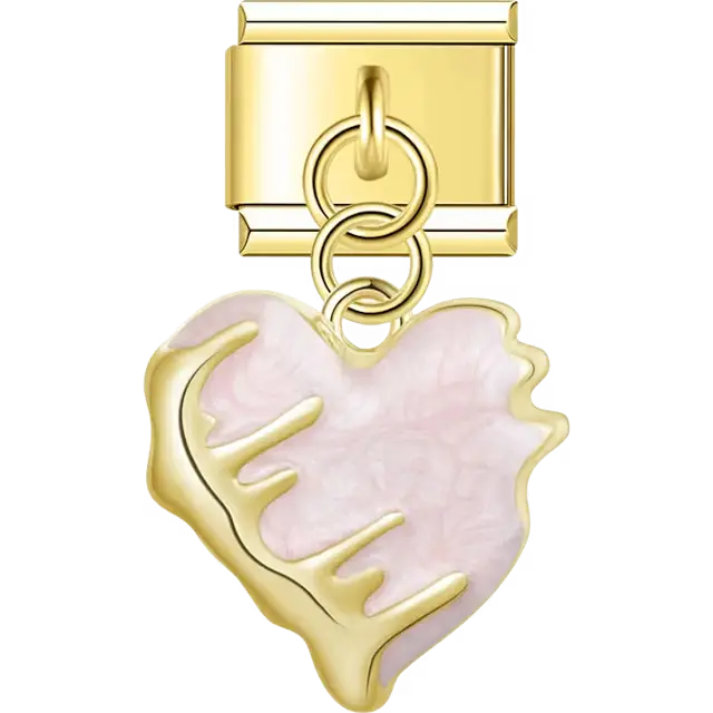Gold trim heart with textured pink enamel Italian charm bracelet link