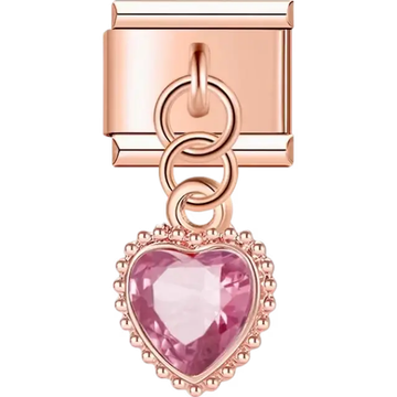 Heart-shaped pink crystal with a beaded edge suspended on a dangle Italian charm bracelet link
