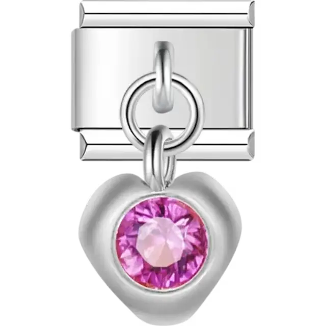 Pink gemstone heart-shaped dangle Italian charm bracelet link