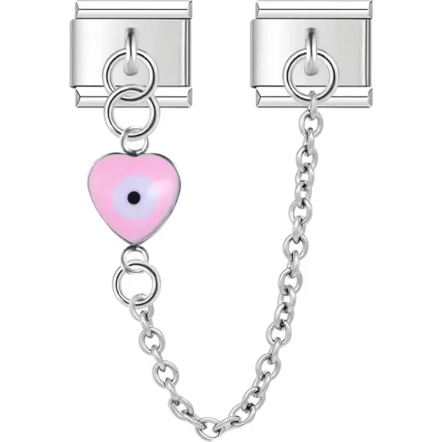 Pink heart with a centered blue evil eye connected by a safety chain Italian charm bracelet link