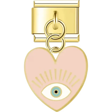 Pink heart-shaped dangle with a centered blue evil eye and gold-tone rays Italian charm bracelet link