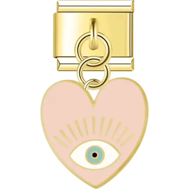 Pink heart-shaped dangle with a centered blue evil eye and gold-tone rays Italian charm bracelet link