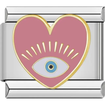 Pink heart charm with blue and white eye and gold details Italian charm bracelet link