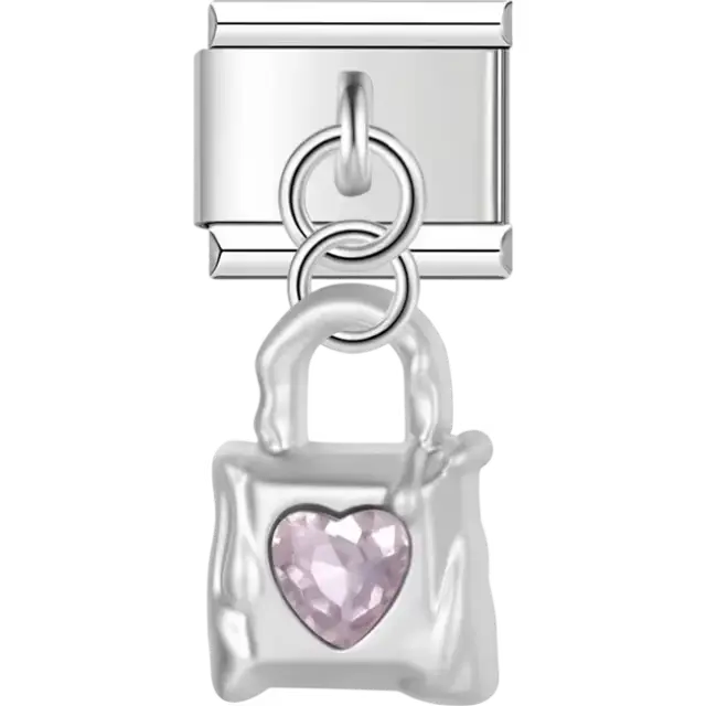 Dangle lock with a pink heart-shaped center Italian charm bracelet link
