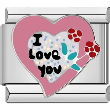 Pink heart with “I Love You” text and floral details Italian charm bracelet link