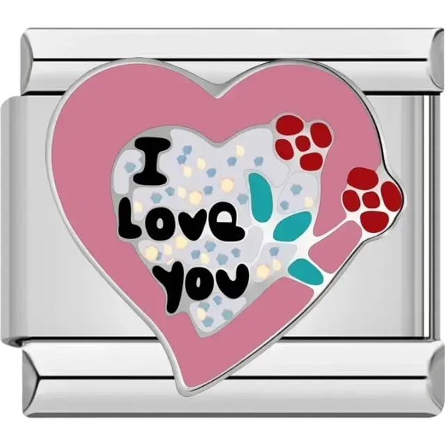 Pink heart with “I Love You” text and floral details Italian charm bracelet link