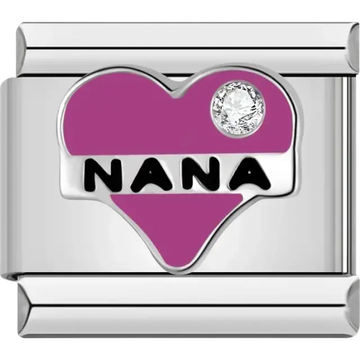 Pink heart with Nana text and a clear crystal stone Italian charm bracelet link