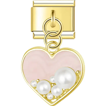 Gold outline heart with pale pink enamel and assorted pearls dangle Italian charm bracelet link