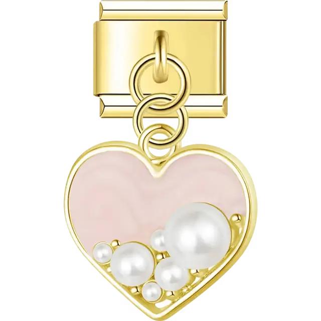 Gold outline heart with pale pink enamel and assorted pearls dangle Italian charm bracelet link