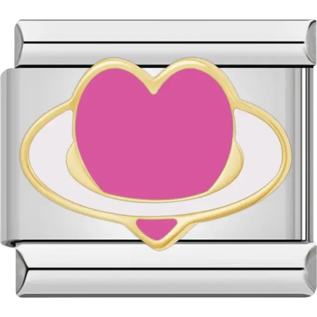 Pink heart with white and gold planet rings Italian charm bracelet link