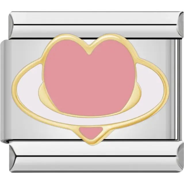Pink heart with white and gold planet rings Italian charm bracelet link