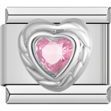 Pink heart-shaped stone with silver border Italian charm bracelet link