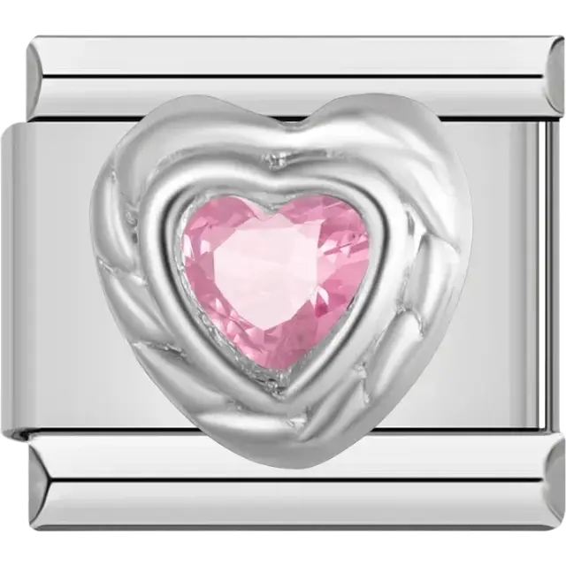 Pink heart-shaped stone with silver border Italian charm bracelet link