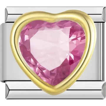 Pink heart-shaped stone with gold border Italian charm bracelet link