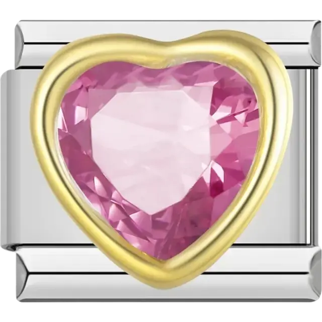 Pink heart-shaped stone with gold border Italian charm bracelet link