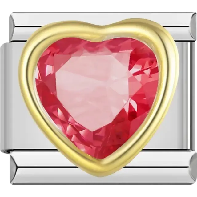 Red faceted heart-shaped stone set in a gold-tone border Italian charm bracelet link