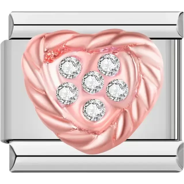 Pink heart design adorned with six clear crystals Italian charm bracelet link