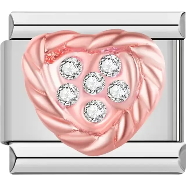 Pink heart design adorned with six clear crystals Italian charm bracelet link