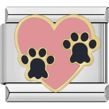 Pink heart design with two black paw prints and gold details Italian charm bracelet link