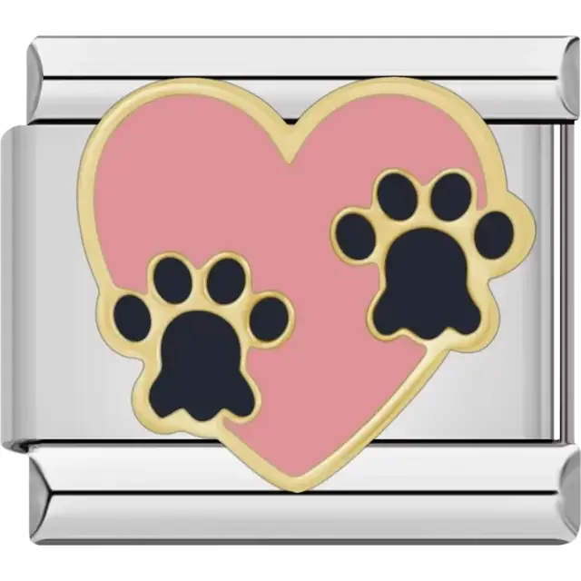 Pink heart design with two black paw prints and gold details Italian charm bracelet link