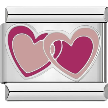 Two intertwined hearts in pink and fuchsia Italian charm bracelet link