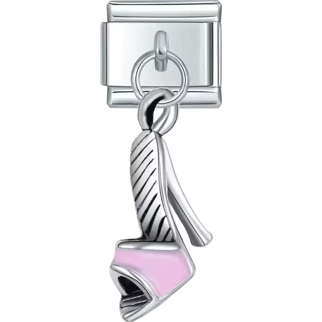 Pink high heel shoe design in a dangle style Italian charm bracelet link