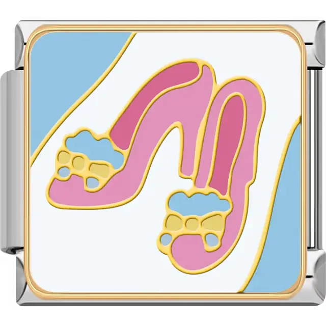 Pink high heel shoes yellow bows blue accents white and blue background Italian charm bracelet link