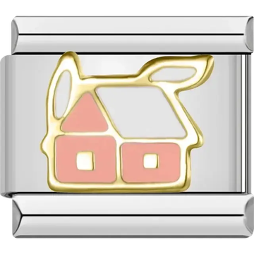 Gold house with pink walls and a white roof Italian charm bracelet link
