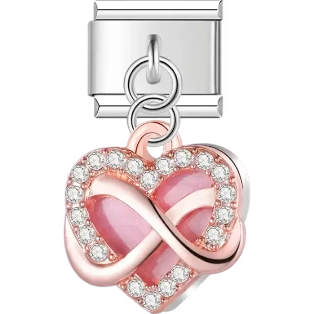 Heart-shaped pink dangle with infinity design and clear crystal border Italian charm bracelet link