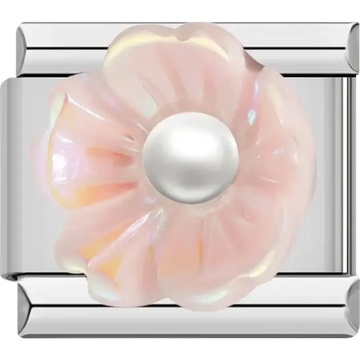 Pink iridescent flower with pearl center Italian charm bracelet link