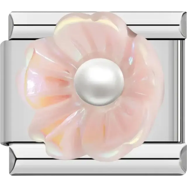 Pink iridescent flower with pearl center Italian charm bracelet link