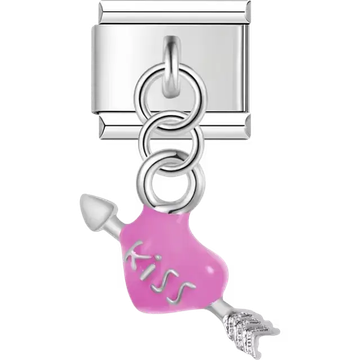 Pink heart "KISS" text arrow dangle Italian charm bracelet link