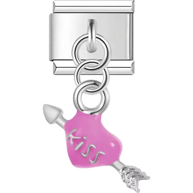 Pink heart "KISS" text arrow dangle Italian charm bracelet link