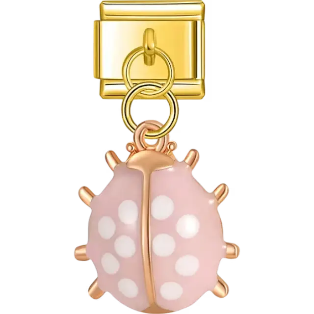 Dangle featuring a pink ladybug with white polka dots and metallic detailing Italian charm bracelet link