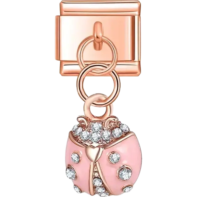 Pink ladybug with clear crystal details dangle Italian charm bracelet link