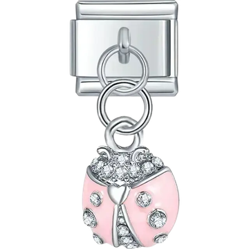 Pink ladybug with clear crystal details dangle Italian charm bracelet link