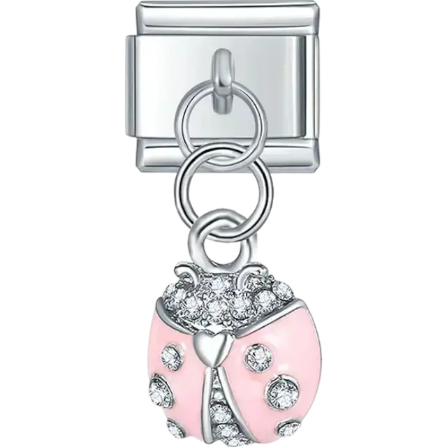 Pink ladybug with clear crystal details dangle Italian charm bracelet link