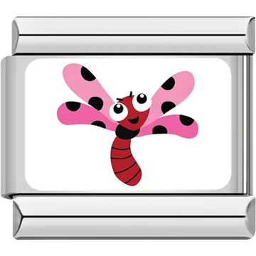 Cartoon pink dragonfly with black spots and red body Italian charm bracelet link