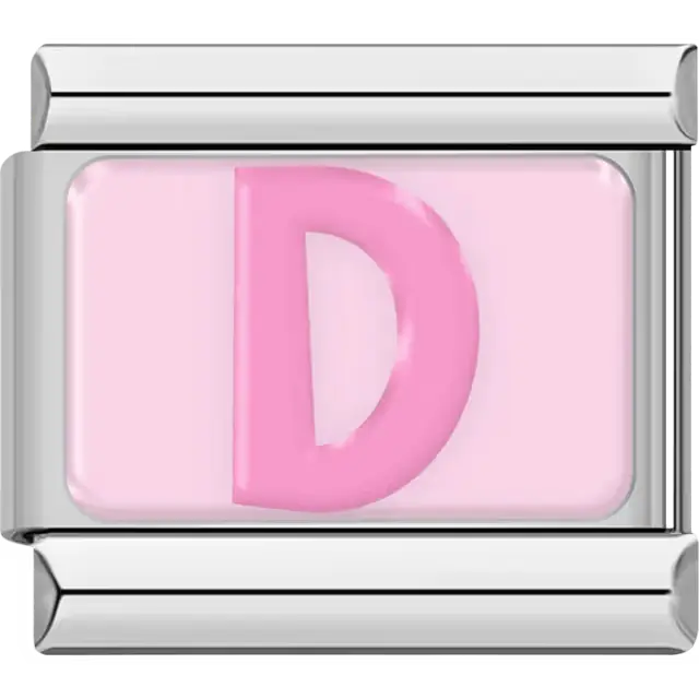Pink letter "D" on light pink background Italian charm bracelet link