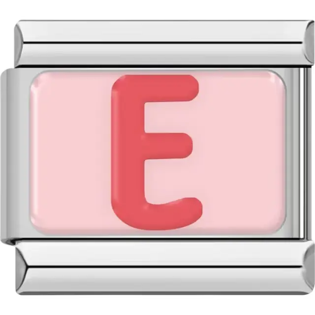 Pink letter "E" on pink background Italian charm bracelet link