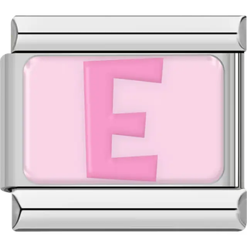 Pink letter "E" on light pink background Italian charm bracelet link