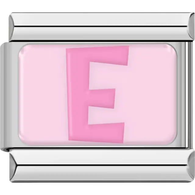 Pink letter "E" on light pink background Italian charm bracelet link
