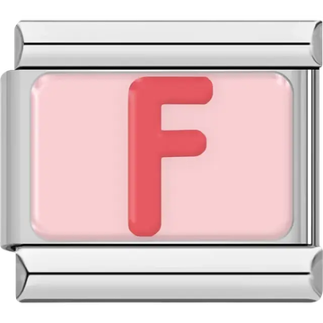 Pink letter "F" on pink background Italian charm bracelet link