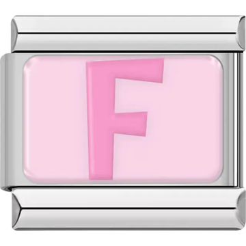 Pink letter "F" on light pink background Italian charm bracelet link