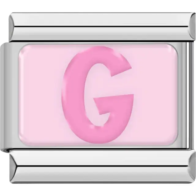 Pink letter "G" on light pink background Italian charm bracelet link