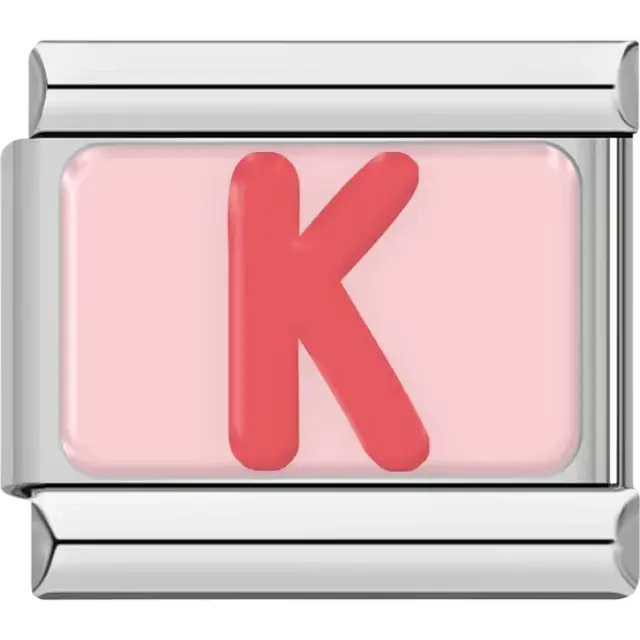 Pink letter "K" on pink background Italian charm bracelet link
