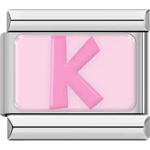 Pink letter "K" on light pink background Italian charm bracelet link