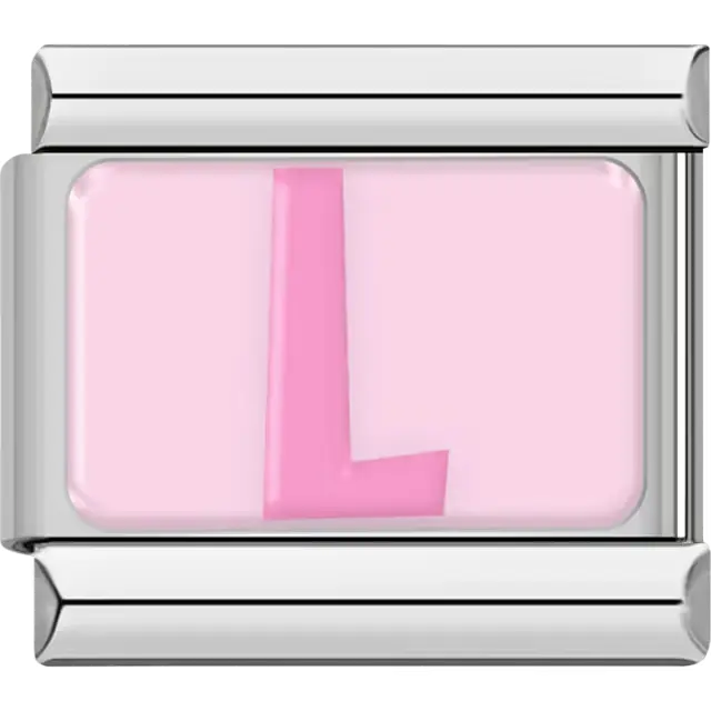 Pink letter "L" on light pink background Italian charm bracelet link