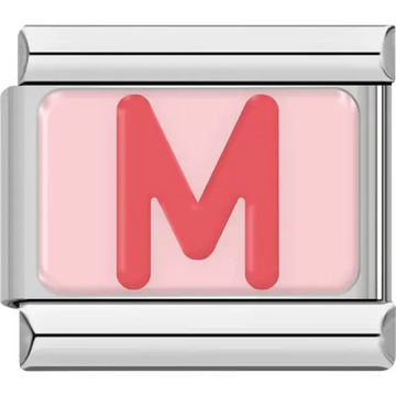 Pink letter "M" on pink background Italian charm bracelet link